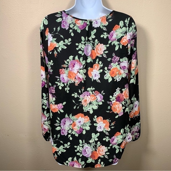 XS Decree Black Floral Long Sleeve Blouse Extra Small V Neck Pullover 0 2 - Picture 15 of 16